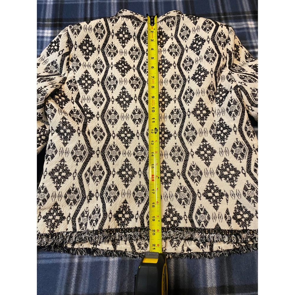 HM Women Black Cream Geometric Jacquard Fringe Moto Jacket Size 12 O/N - Picture 4 of 8